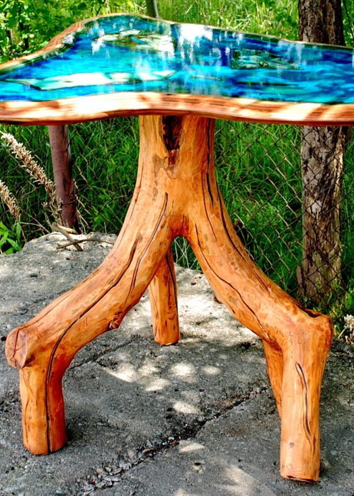 Marcin - Stolik kawowy kożeń, blat sklejka, żywica niebieska barwiona 05-2018, 01 05-2018, ##